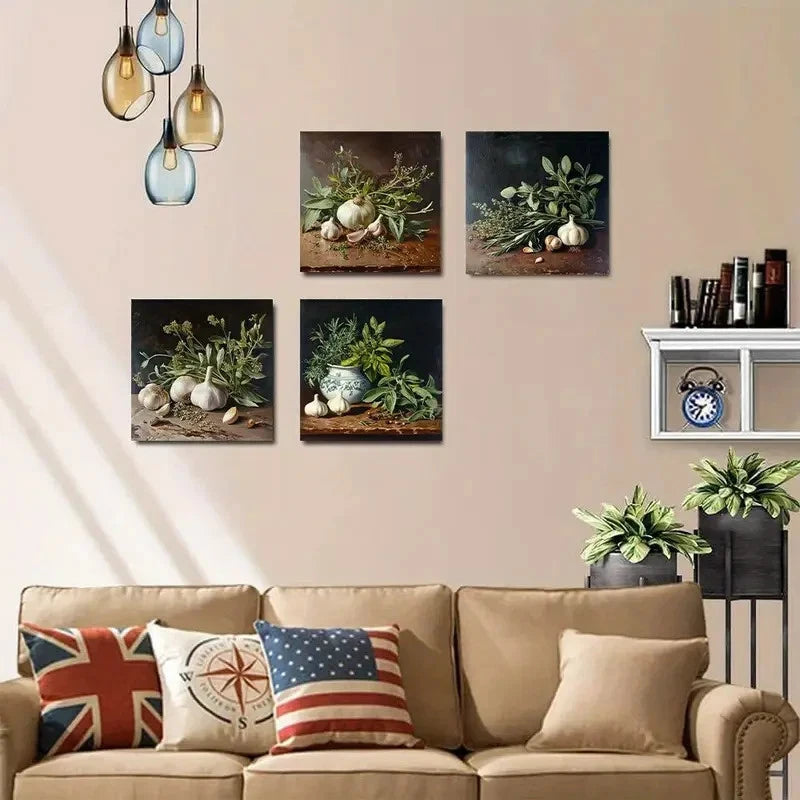 4pcs Herbs And Garlic Still Life Poster Wall Art Canvas Framed