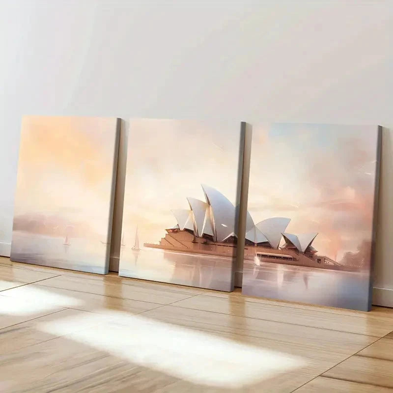 3pcs Sydney Opera House Pastel Sky Sailing Boat Wall Art Set Canvas Framed 60x90cm - High Quality Print 100% Australian Made Wall Canvas Ready to Hang