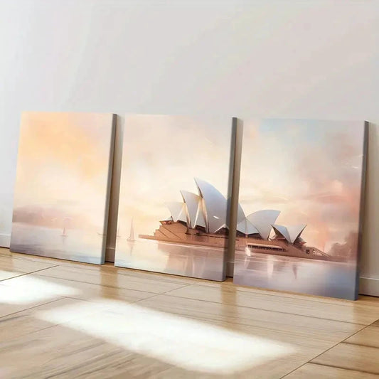3pcs Sydney Opera House Pastel Sky Sailing Boat Wall Art Set Canvas Framed 60x90cm - High Quality Print 100% Australian Made Wall Canvas Ready to Hang