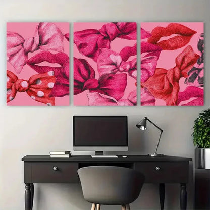 3pcs Girly Coquette Bows Retro Kiss Lips Wall Art Canvas Unframed - High Quality Print 100% Australian Made Wall Canvas