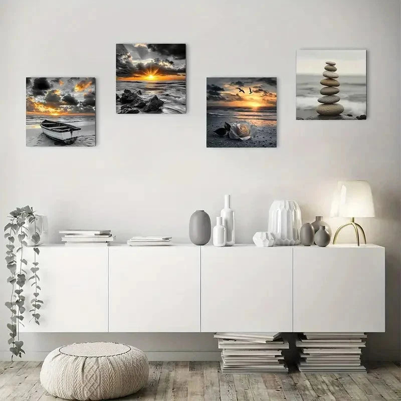 4pcs Ocean View Prints With Boat, Flowers & Ston Wall Art Canvas Framed