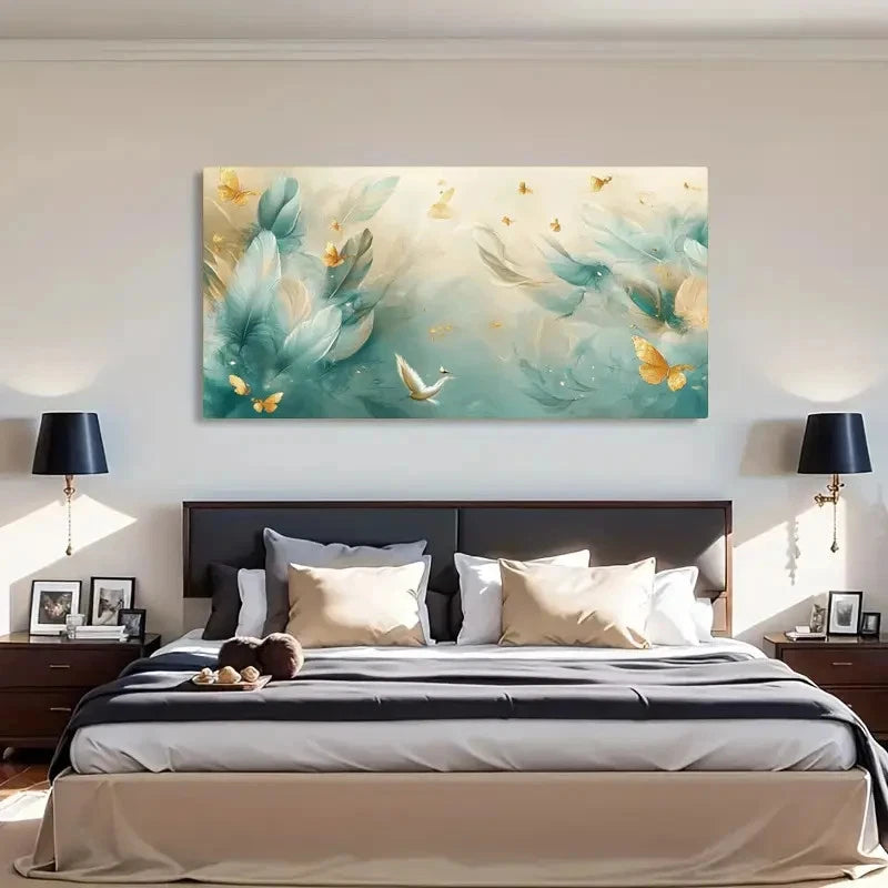 Butterfly Green Golden Neutral Wall Art Canvas Office Home Room Framed 120x60cm - Bella Home Decor