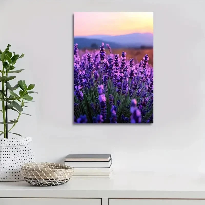 Vibrant Purple Flowers & Sunset Landscape Painting 40x60cm Metal Print Ready to Hang - Bella Home Decor