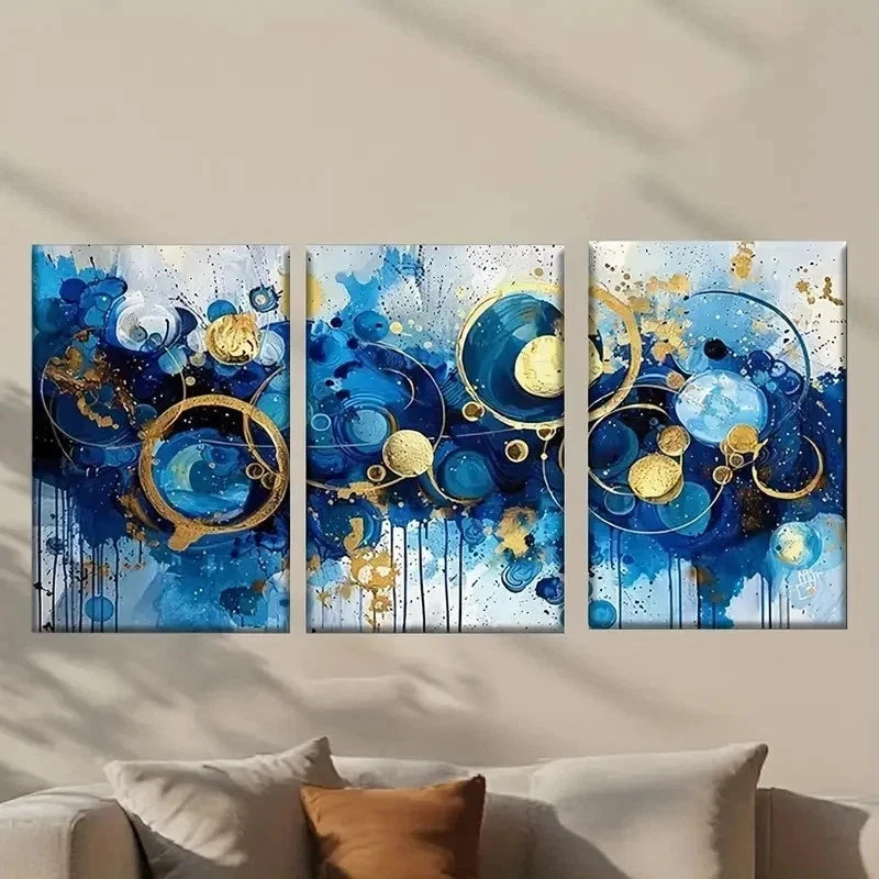 3pcs Abstract Blue & Golden Swirls & Spheres Wall Art Set Canvas Framed 40x60cm - High Quality Print 100% Australian Made Wall Canvas Ready to Hang - Bella Home Decor