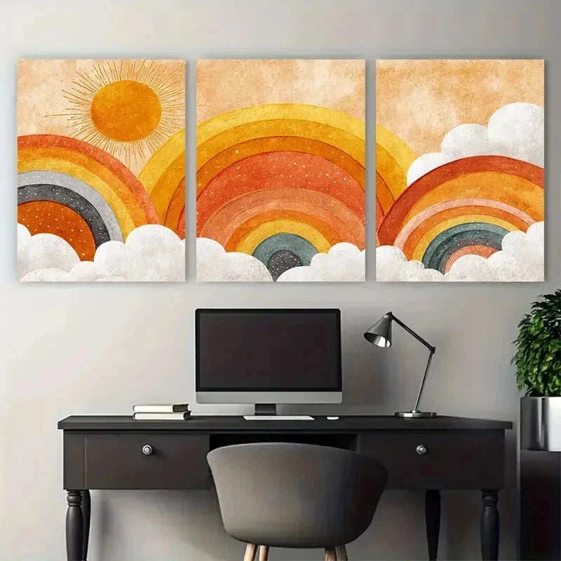3pcs Nursery Sun Boho Rainbow Playroom Perfect Wall Art Set Canvas Framed 50x70cm - High Quality Print 100% Australian Made Wall Canvas Ready to Hang