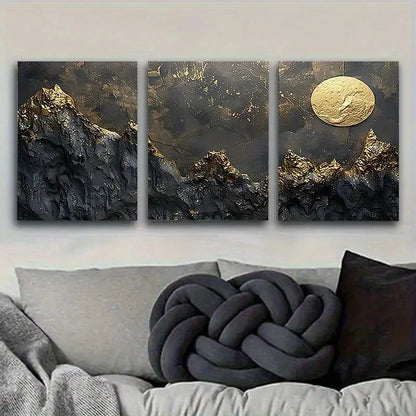 3pcs Cosmic Mountain Range with Golden Moon Wall Art Set Canvas Framed 40x60cm - High Quality Print 100% Australian Made Wall Canvas Ready to Hang - Bella Home Decor
