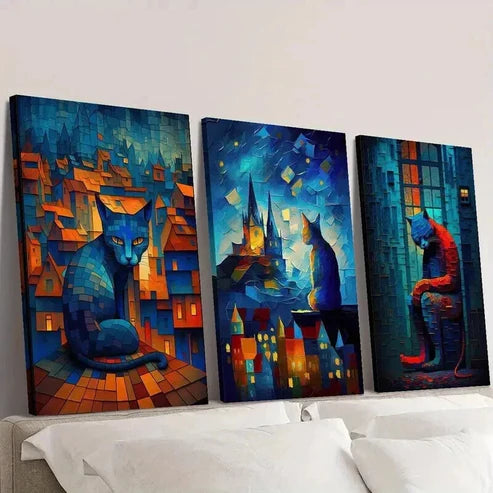 3pcs Cat Sitting on the Roof Starry Night Sky Wall Art Canvas Unframed - High Quality Print 100% Australian Made Wall Canvas - Bella Home Decor