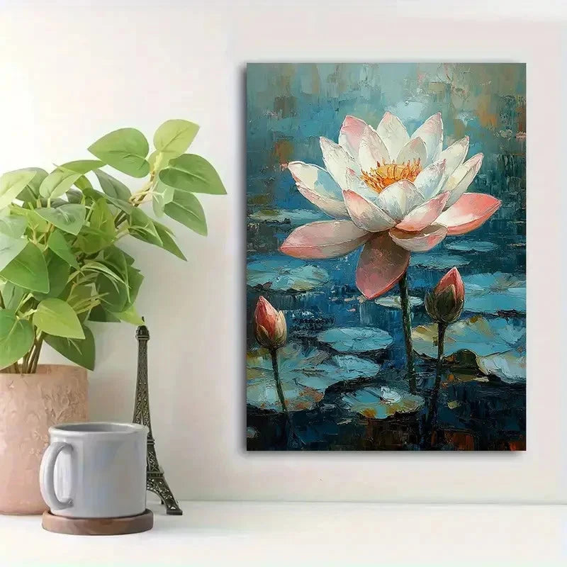 Beautiful Serene Blue & Pink Water Lily Painting 40x60cm Metal Print Ready to Hang - Bella Home Decor