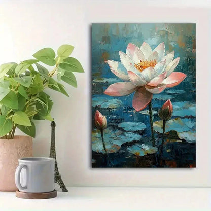 Beautiful Serene Blue & Pink Water Lily Painting 40x60cm Metal Print Ready to Hang - Bella Home Decor