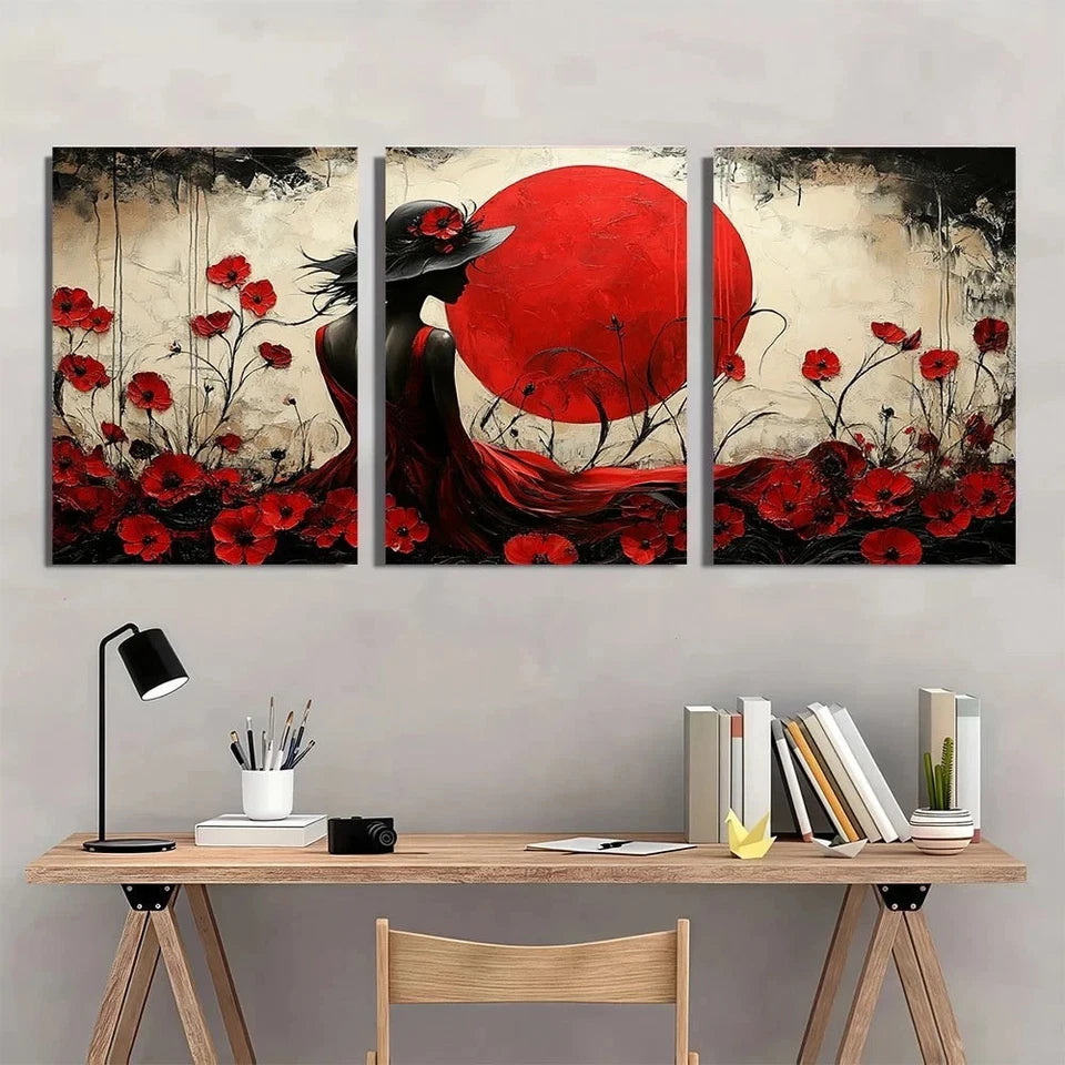 3pcs Mythical Woman in Red Dress Metal Print Ready to Hang Art