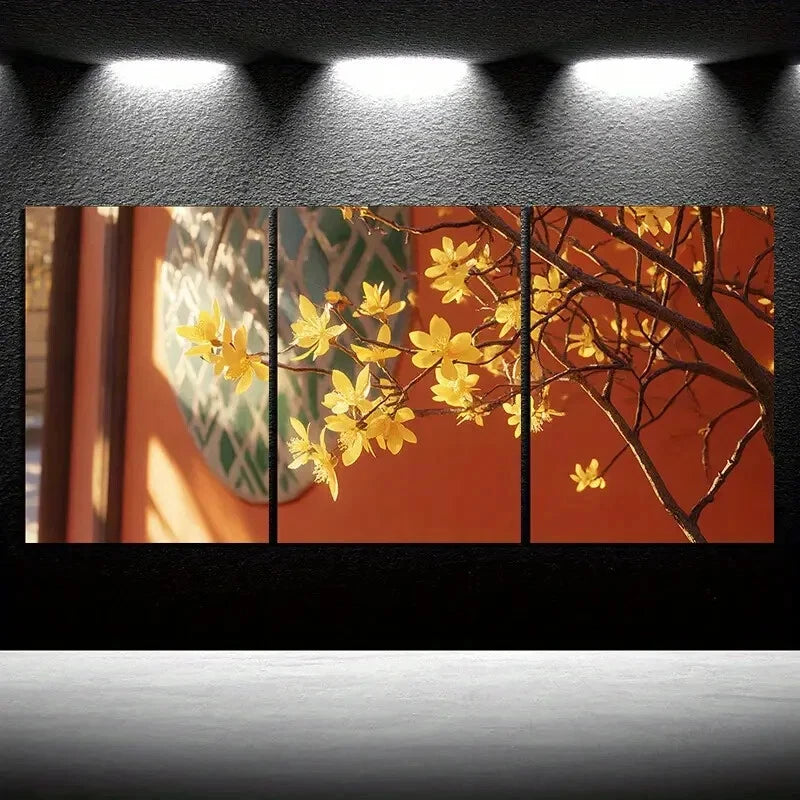 3pcs Osmanthus Tree In Front Of The Red Metal Print Ready to Hang Art - Bella Home Decor