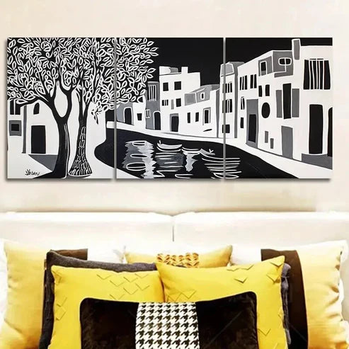 3pcs Black and White Ancient City Canal Wall Art Canvas Unframed - High Quality Print 100% Australian Made Wall Canvas - Bella Home Decor