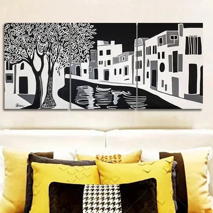 3pcs Black and White Ancient City Canal Wall Art Canvas Unframed - High Quality Print 100% Australian Made Wall Canvas - Bella Home Decor