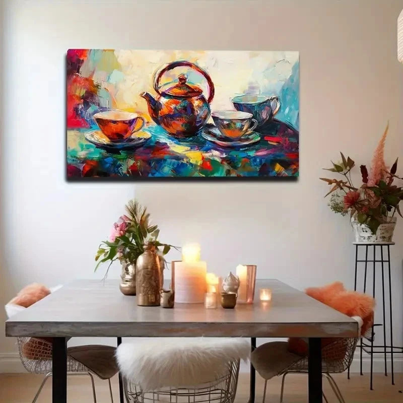 Vibrant Teapot And Cups Décor Wall Art Canvas Office Home Room Framed 120x60cm