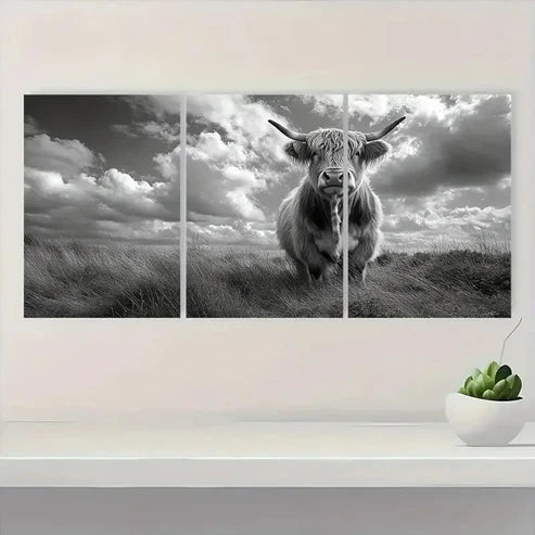 3pcs Black & White Rustic Cow DE Wall Art Set Canvas Unframed - High Quality Print 100% Australian Made Wall Canvas - Bella Home Decor