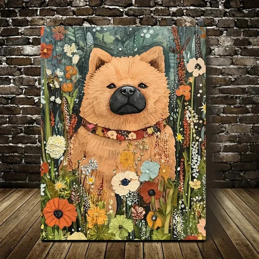 Flowers And Plants Cute Chow Chow Dog Painting 40x60cm Metal Print Ready to Hang