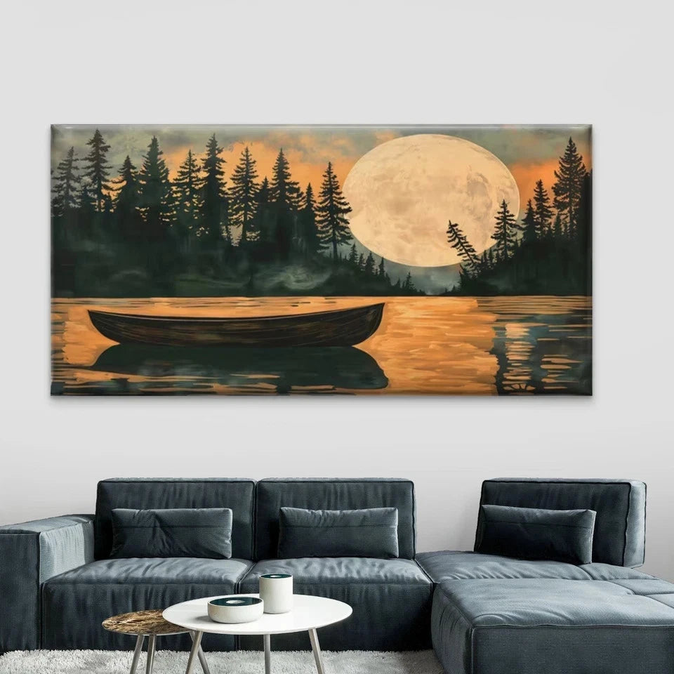 Lake Forest Moonlight Boat Wall Art Canvas Office Home Room Framed 120x60cm
