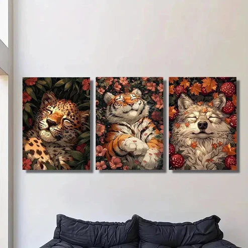 3pcs Leopard Tiger Wolf Sleeping on Flowers Wall Art Canvas Unframed - High Quality Print 100% Australian Made Wall Canvas