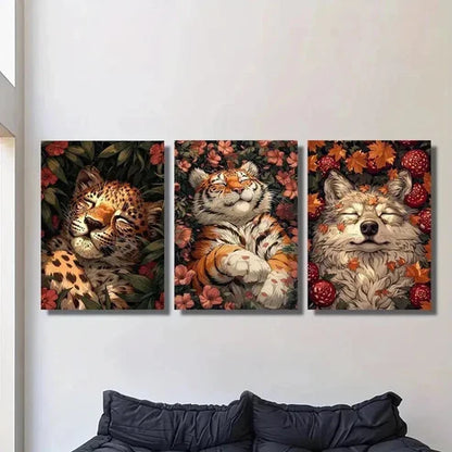 3pcs Leopard Tiger Wolf Sleeping on Flowers Wall Art Canvas Unframed - High Quality Print 100% Australian Made Wall Canvas