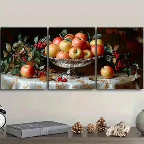 3pcs Silver Bowl Brimming with Apples Wall Art Set Canvas Unframed - High Quality Print 100% Australian Made Wall Canvas - Bella Home Decor