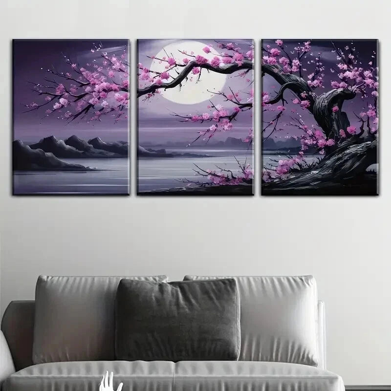 3pcs Moonlit Trees And Plum Blossoms Perfect Wall Art Set Canvas Framed 60x90cm - High Quality Print 100% Australian Made Wall Canvas Ready to Hang - Bella Home Decor