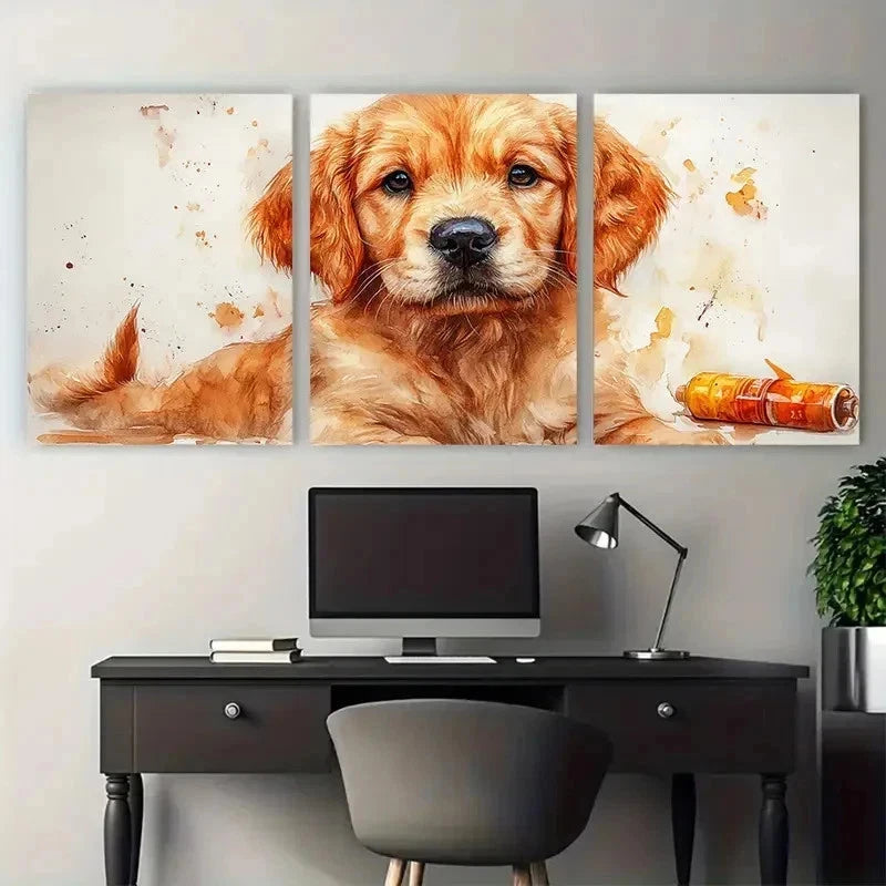 3pcs Golden Retriever Puppy Watercolor Perfect Wall Art Set Canvas Framed 50x70cm - High Quality Print 100% Australian Made Wall Canvas Ready to Hang - Bella Home Decor