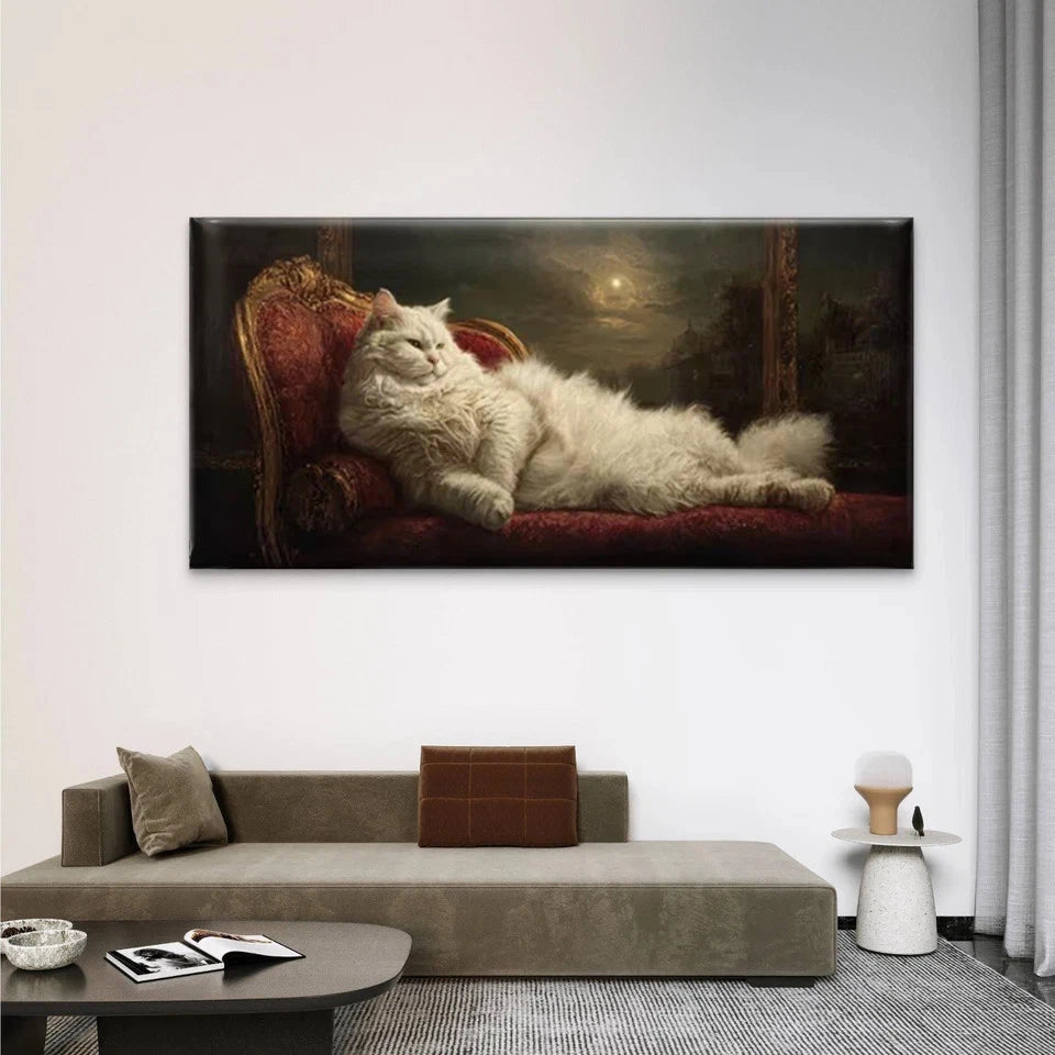 Long-Haired Cat on Red Chair Wall Art Canvas Office Home Room Framed 120x60cm