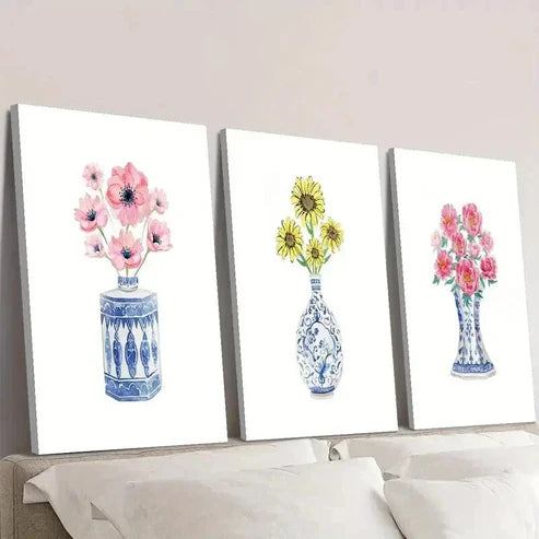 3pcs Chinese Style Blue and White Porcelain Vase Wall Art Canvas Unframed - High Quality Print 100% Australian Made Wall Canvas - Bella Home Decor