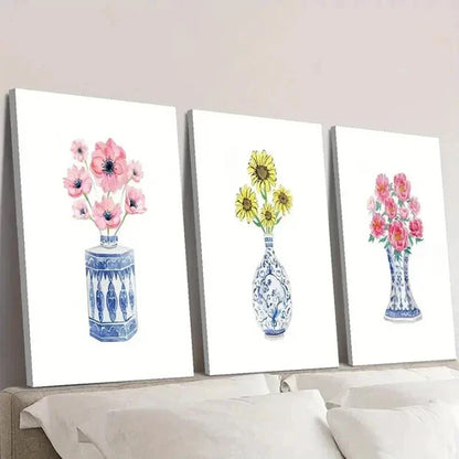 3pcs Chinese Style Blue and White Porcelain Vase Wall Art Canvas Unframed - High Quality Print 100% Australian Made Wall Canvas - Bella Home Decor