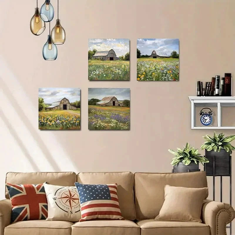 4pcsRustic Barn & WildflowerWall Art Canvas Framed