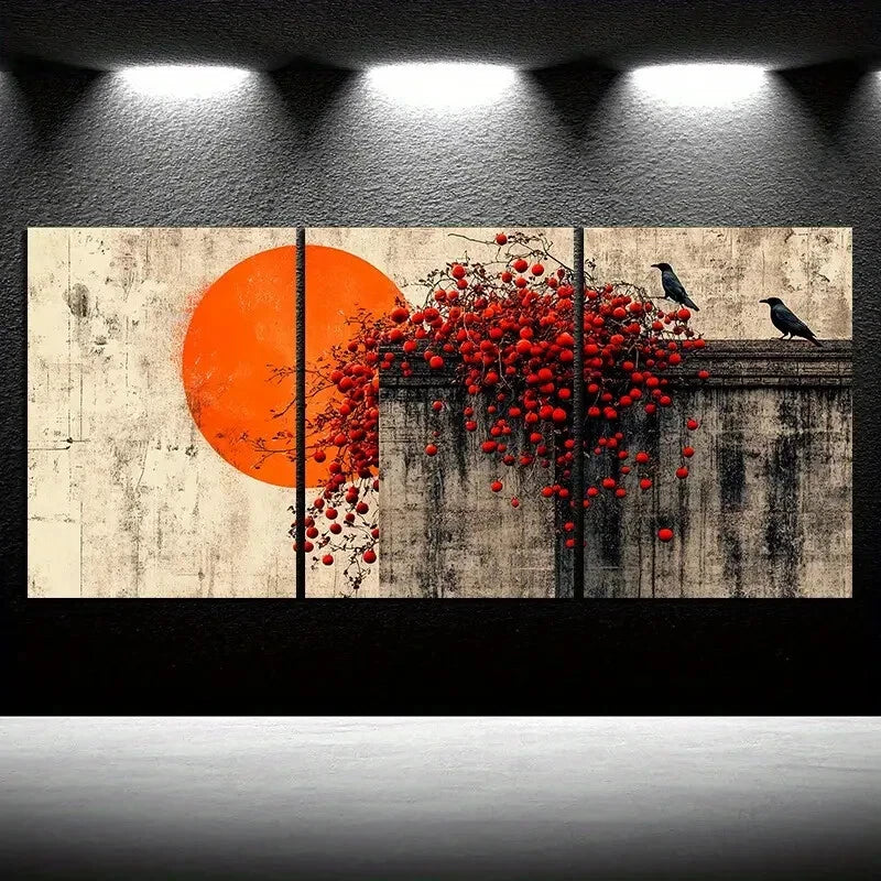 3pcs The Tree On The Eaves Orange Sun Metal Print Ready to Hang Art - Bella Home Decor