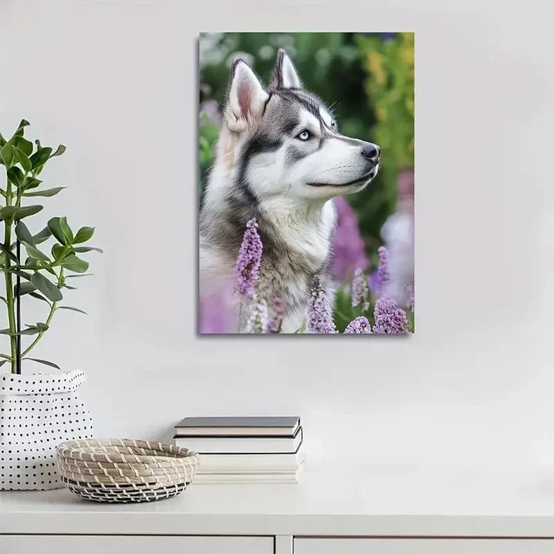 Flowers And Plants Cute Alaskan Malamute Dog Painting 40x60cm Metal Print Ready to Hang