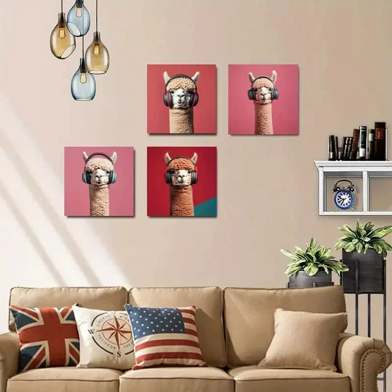 4pcs Alpaca with HeadphoneWall Art Canvas Framed