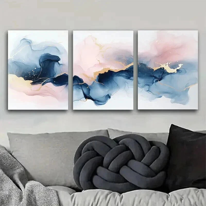 3pcs Abstract Ink Paintings In Shades Of Blue Wall Art Set Canvas Framed 60x90cm - High Quality Print 100% Australian Made Wall Canvas Ready to Hang - Bella Home Decor