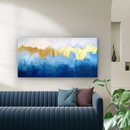 Blue Waves Golden Accents Wall Art Canvas Office Home Room Framed 120x60cm