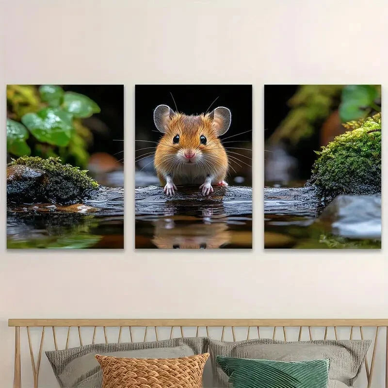3pcs land Mouse On Log Tranquil Forest Perfect Wall Art Set Canvas Framed 40x60cm - High Quality Print 100% Australian Made Wall Canvas Ready to Hang - Bella Home Decor
