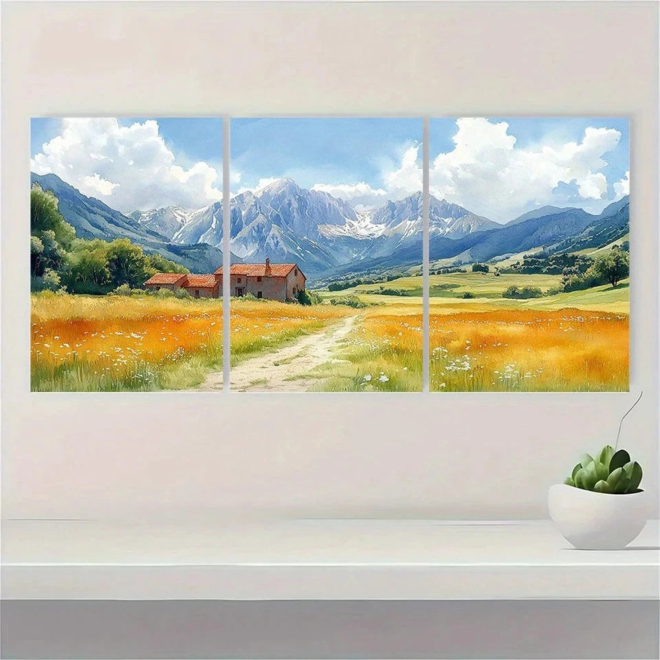 3pcs Golden Wheat Fields Rolling Hills & Mountain Metal Print Ready to Hang Art - Bella Home Decor