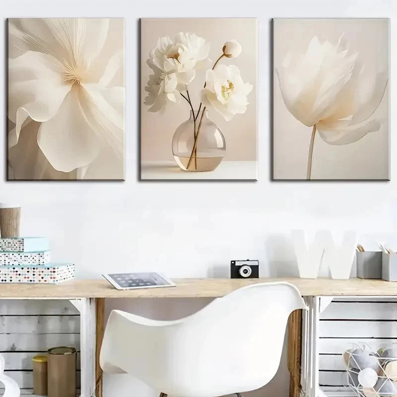 3pcs Beige Pure Flowers Floral Wall Art Metal Print Ready to Hang Art - Bella Home Decor