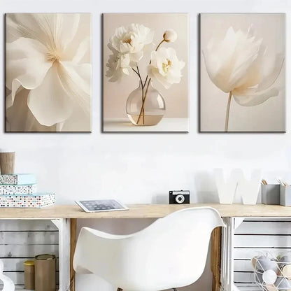 3pcs Beige Pure Flowers Floral Wall Art Metal Print Ready to Hang Art - Bella Home Decor