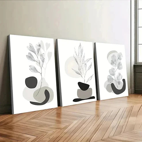 3pcs Beige Gray Liner Florals Leaves Black Stone Wall Art Canvas Unframed - High Quality Print 100% Australian Made Wall Canvas - Bella Home Decor
