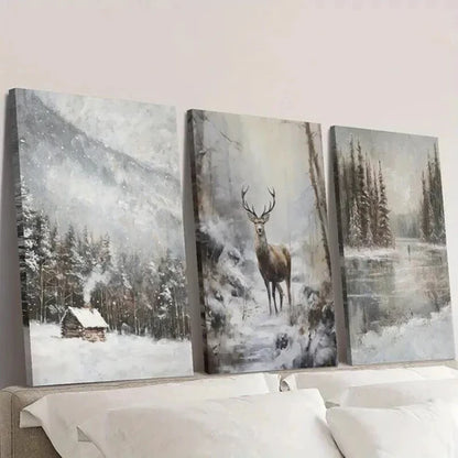 3pcs Retro Winter Landscape & Reindeer Wall Art Canvas Unframed - High Quality Print 100% Australian Made Wall Canvas