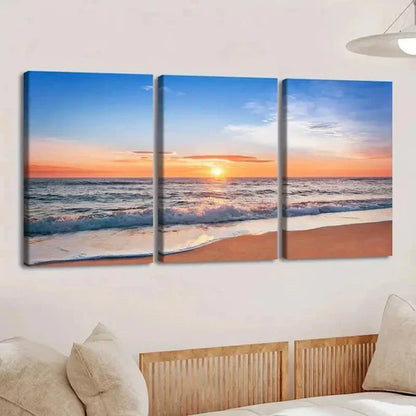 3pcs Beach Sunset Sunrise And Wave Wall Art Set Canvas Unframed - High Quality Print 100% Australian Made Wall Canvas - Bella Home Decor