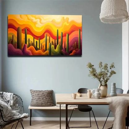 Psychedelic Desert Sky & Cactus Wall Art Canvas Office Home Room Framed 120x60cm