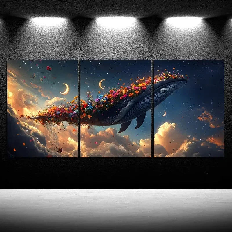 3pcs Beautiful Whale Moon White Clouds Metal Print Ready to Hang Art - Bella Home Decor