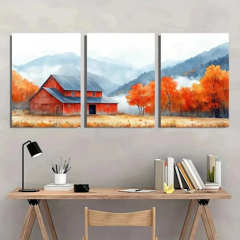 3pcs Orange Fall Leaves & Misty Blue Perfect Wall Art Set Canvas Framed 60x90cm - High Quality Print 100% Australian Made Wall Canvas Ready to Hang