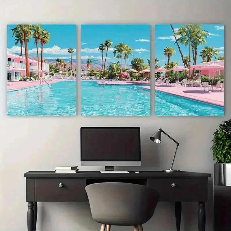 3pcs Retro Palm Springs Pool Swimming Perfect Wall Art Set Canvas Framed 50x70cm - High Quality Print 100% Australian Made Wall Canvas Ready to Hang - Bella Home Decor