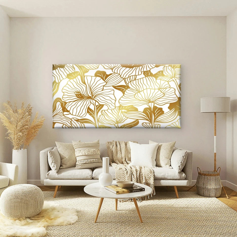 Elegant Golden Floral Pattern Wall Art Canvas Office Home Room Framed 120x60cm - Bella Home Decor