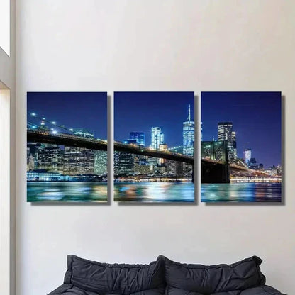 3pcs Nighttime Cityscape with a Bridge Wall Art Set Canvas Unframed - High Quality Print 100% Australian Made Wall Canvas