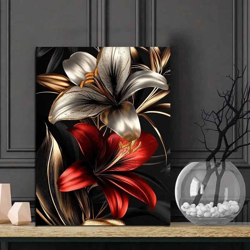 Flower Design, Golden And Red Color Lily Flowers 40x60cm Metal Print Ready to Hang