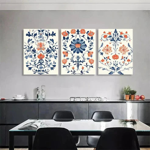 3pcs Botanical Vintage Blue Orange Perfect Wall Art Canvas Unframed - High Quality Print 100% Australian Made Wall Canvas